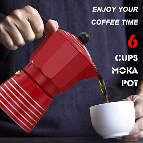 Stovetop Espresso Maker 6 Cup 300ml, Aluminum Moka Pot Gift Set, Italian Cuban Greca Coffee, Easy To Use & Clean - Set Including 2 Cups, Spoon, Red, Perfect Gifts For Coffee Lovers